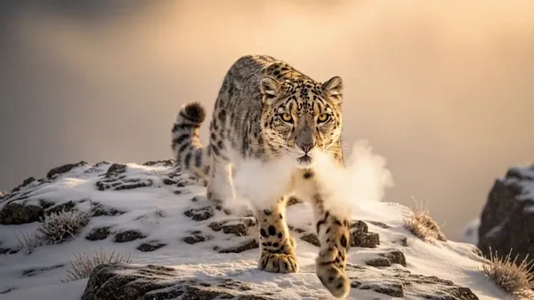 AI image to video generator result — the leopard walks toward the camera through snow, Grok Imagine