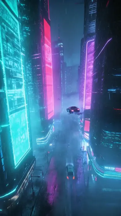Photo to video AI free — cyberpunk city image animated into a flythrough