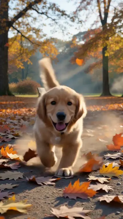 Photo to video AI free — golden retriever puppy running through autumn leaves
