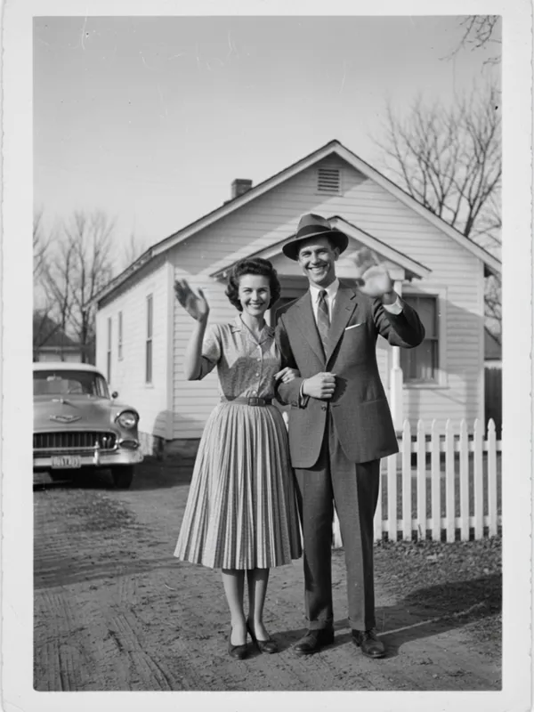 Photo to video AI free result — the old photo comes to life, the couple waves