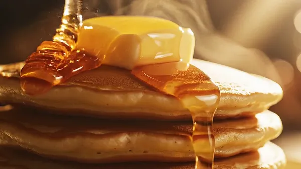 Text to video AI free without watermark example — honey pouring over pancakes, food macro by Veo 3.1 Fast