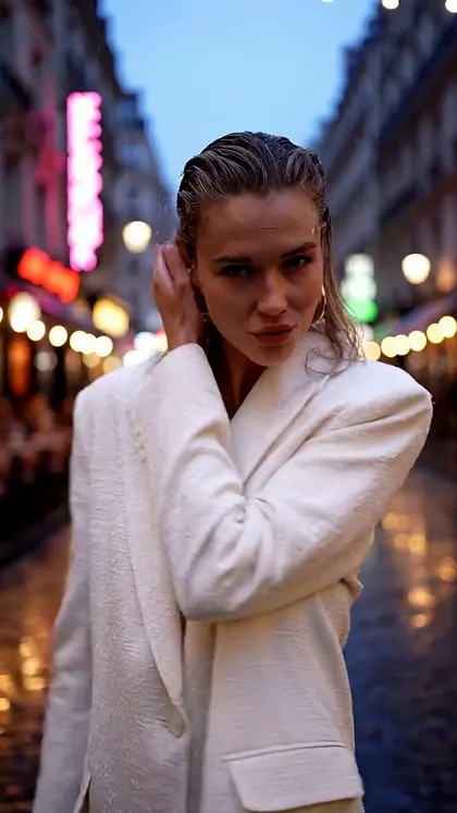 Text to video AI free without watermark — woman walking a rainy Paris street, Veo 3.1 Fast